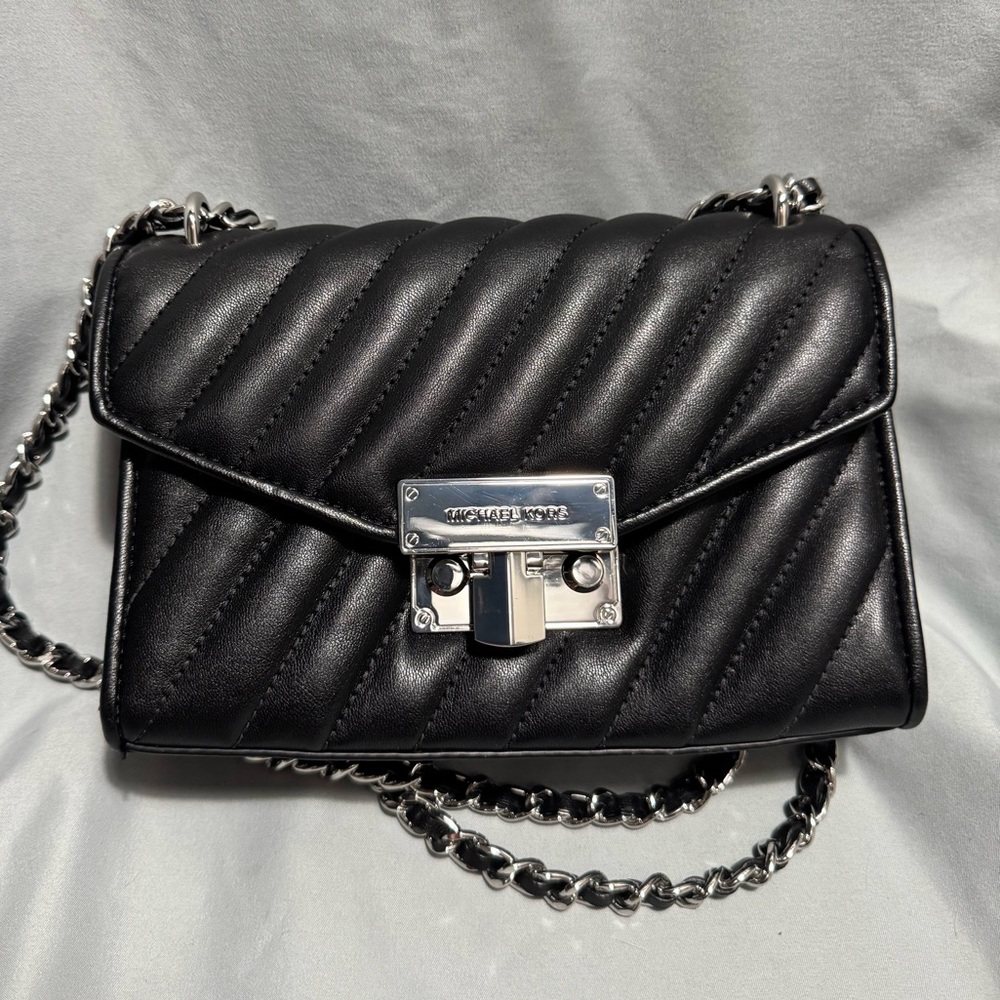 Michael Kors Rose Medium Black Quilted Handbag With Chain Handle